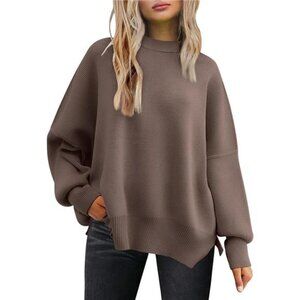 Women's Oversized Batwing Sweater – Crewneck, Ribbed Knit with Side Slits